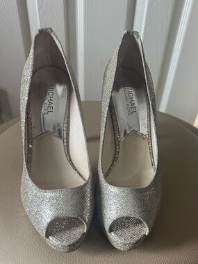 Michael Kors Silver Glitter Peep-Toe Heels